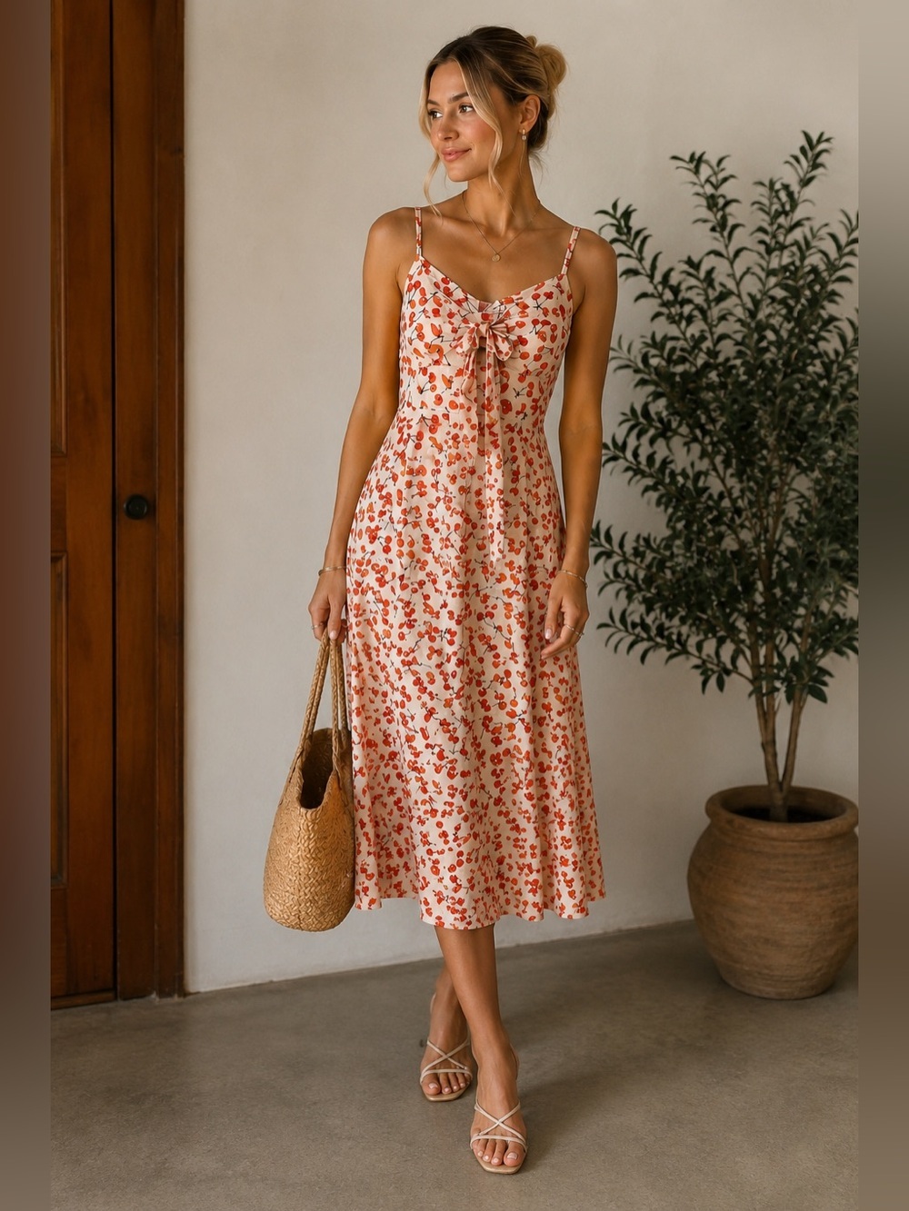 Zara Cherry Print Tie Front Midi Dress  | Cottagecore Coquette Summer